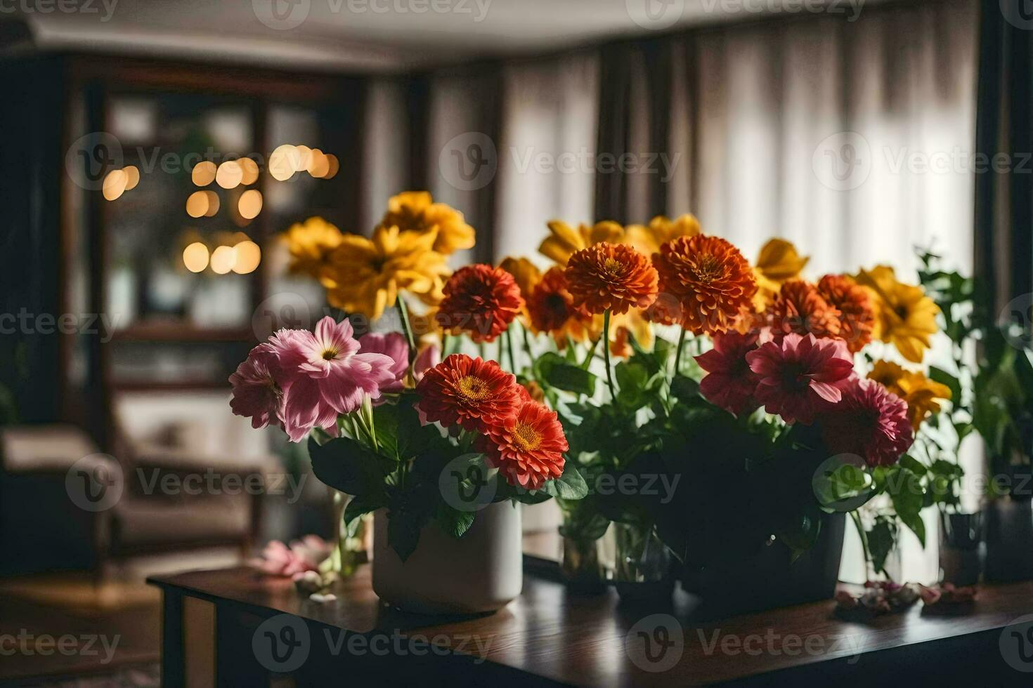 flowers in vases on a table in a living room. AI-Generated photo