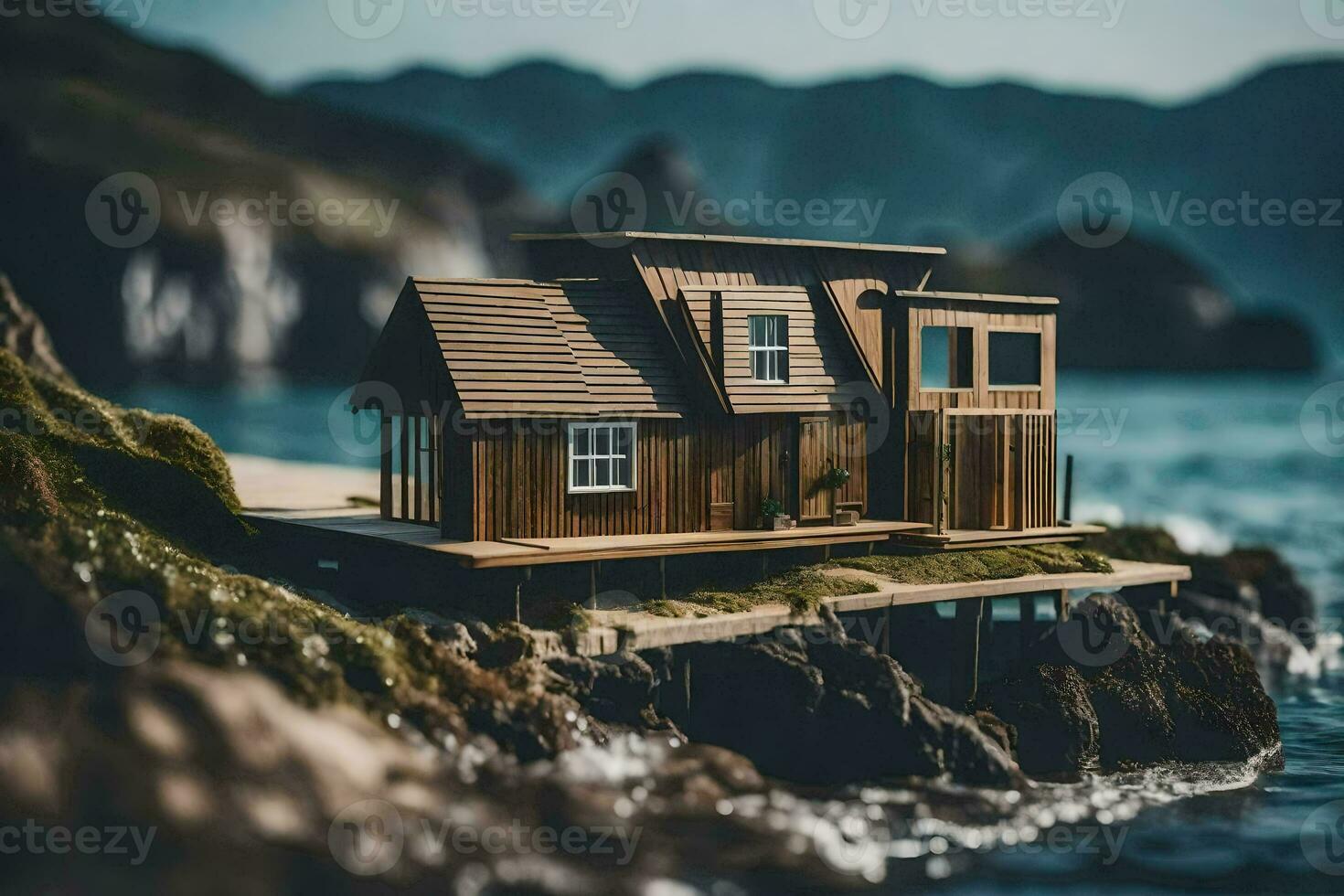 a miniature house on a small island by the ocean. AI-Generated photo