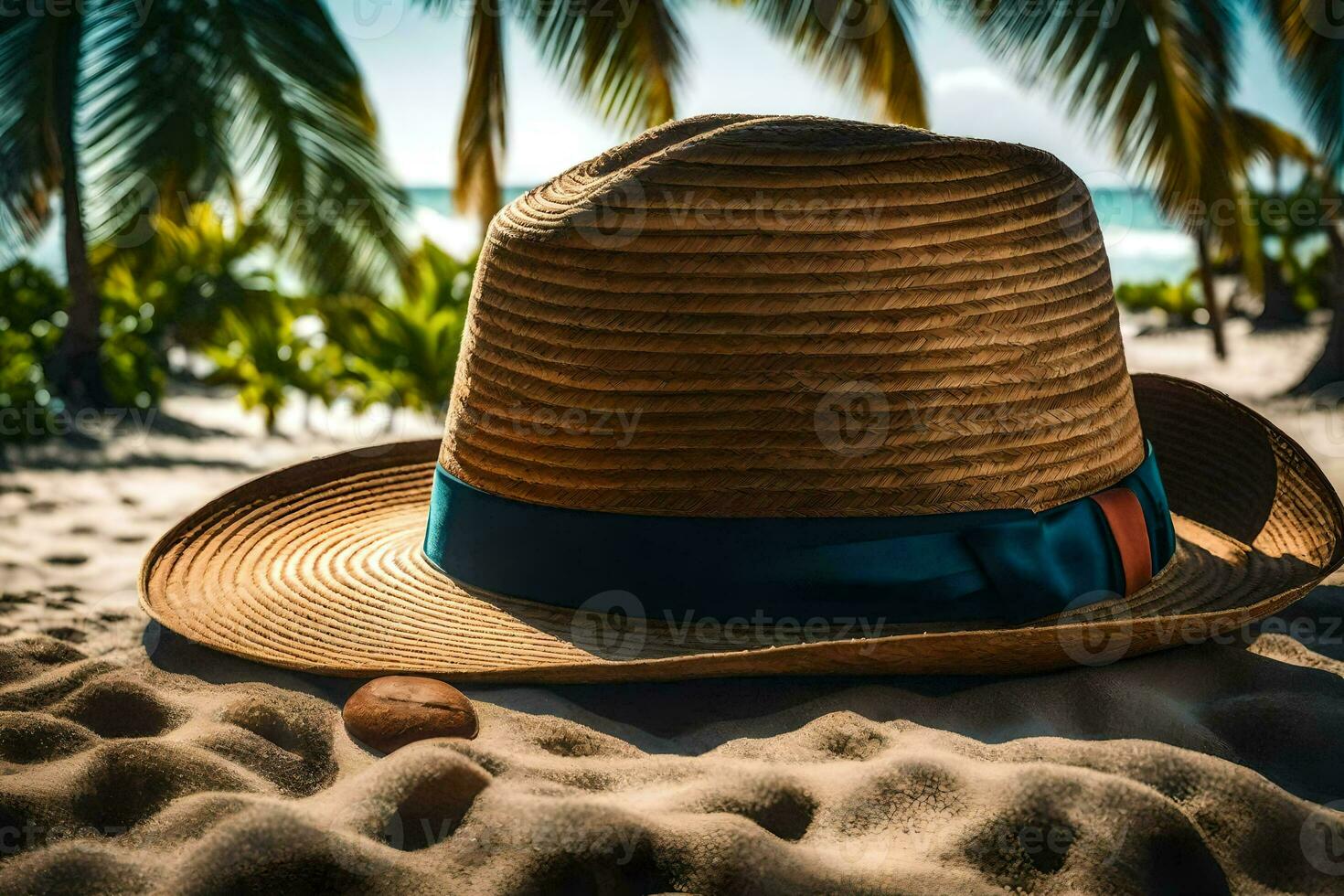 a straw hat on the beach with palm trees. AI-Generated photo