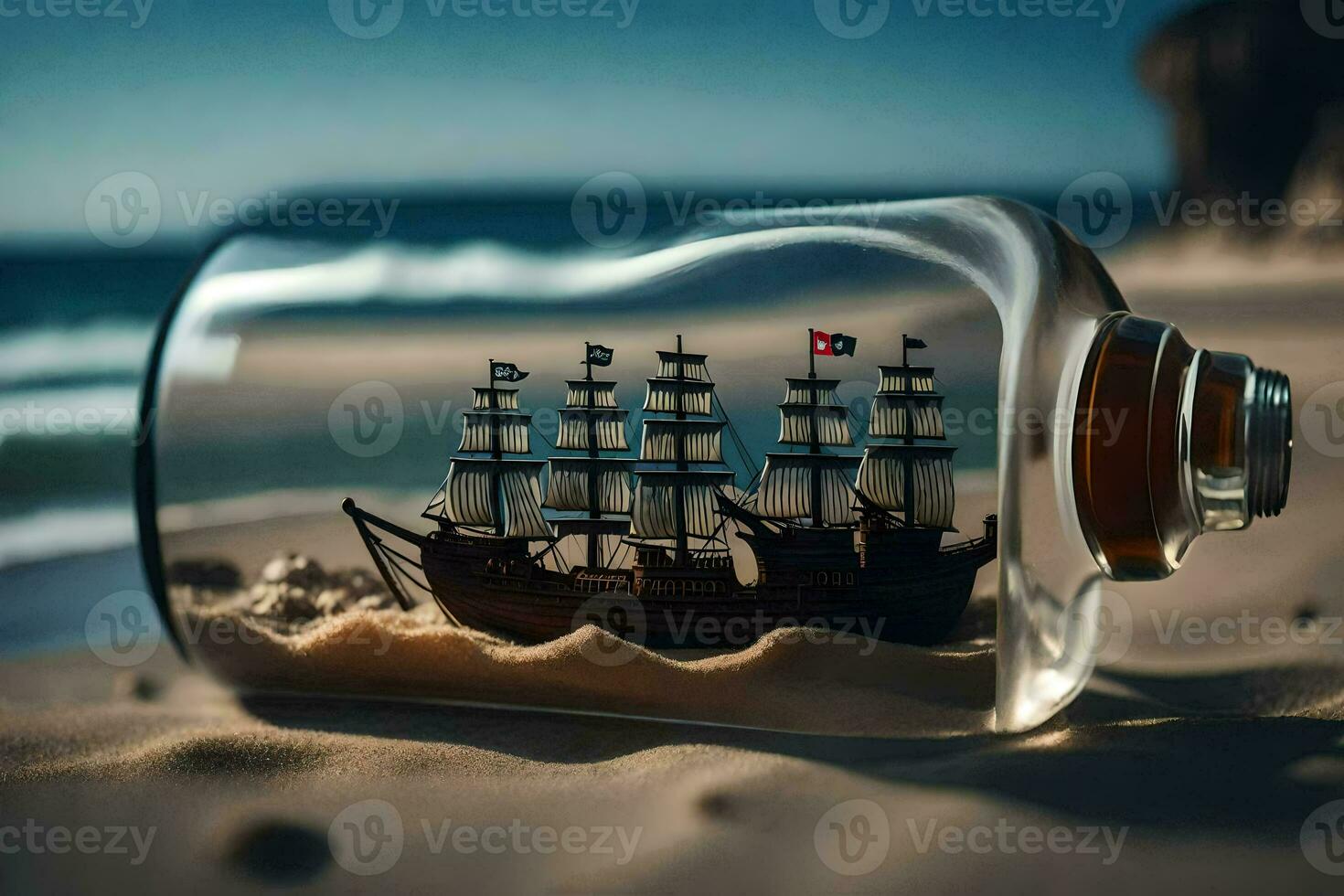 ship in a bottle, sand, beach, sand, sand, beach, sand, beach,. AI-Generated photo