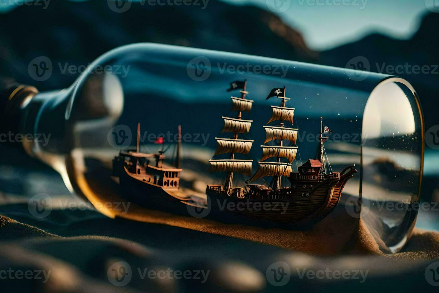 a ship in a bottle with a small boat inside. AI-Generated photo