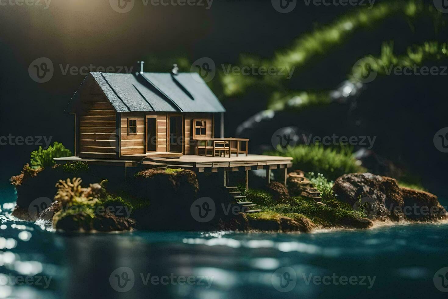 a miniature house on a small island in the water. AI-Generated photo