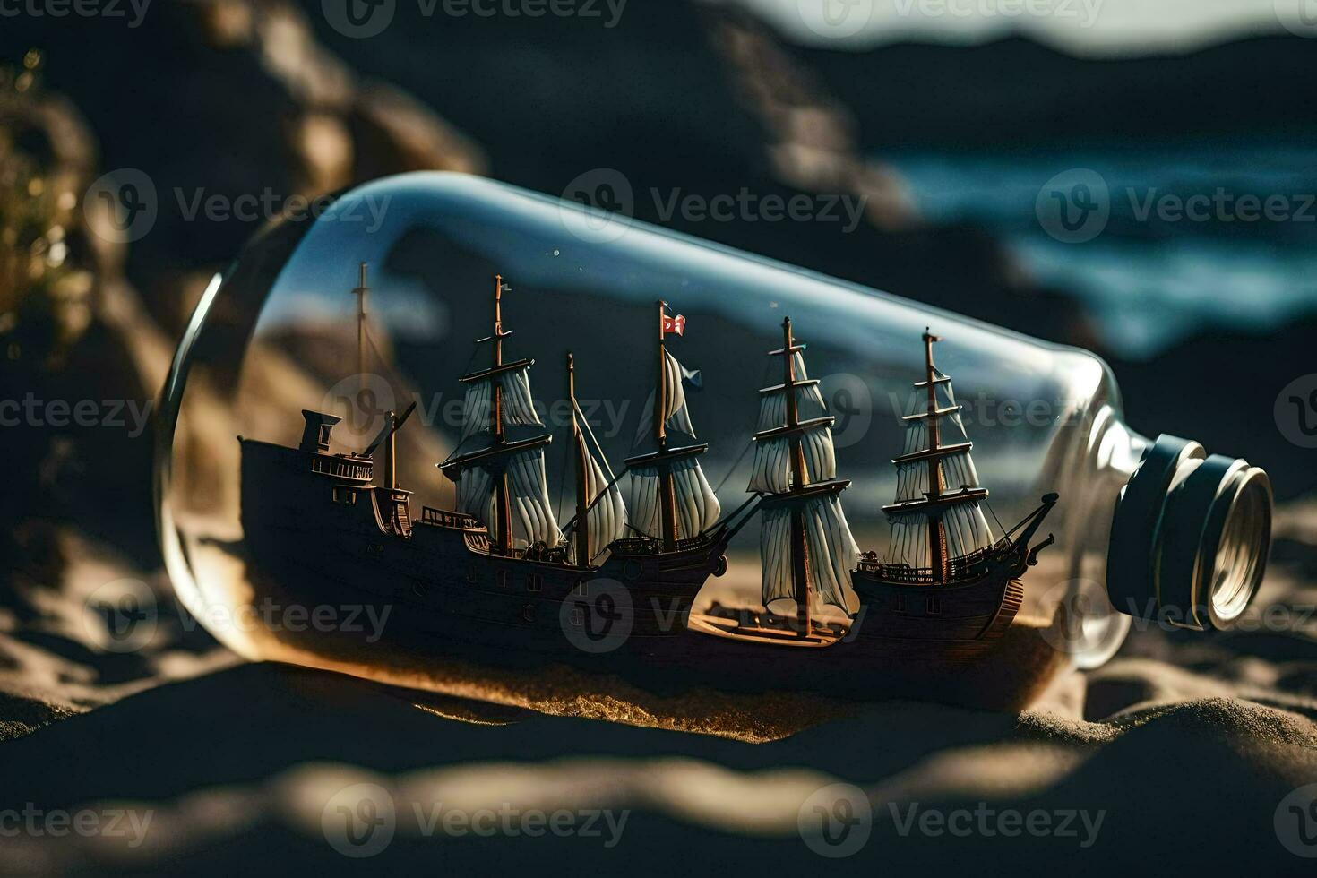 ship in a bottle, sand, ocean, ship, ship in a bottle, ship in a. AI-Generated photo