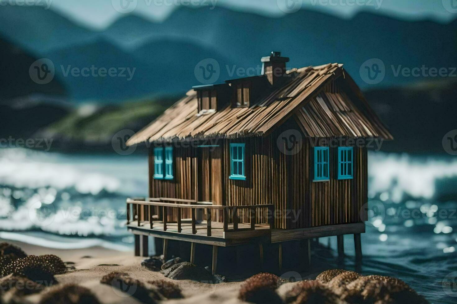 a miniature wooden house on the beach. AI-Generated photo