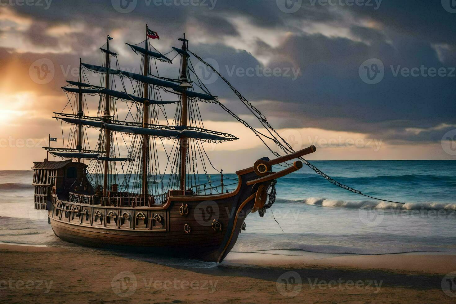 a wooden ship on the beach at sunset. AI-Generated photo