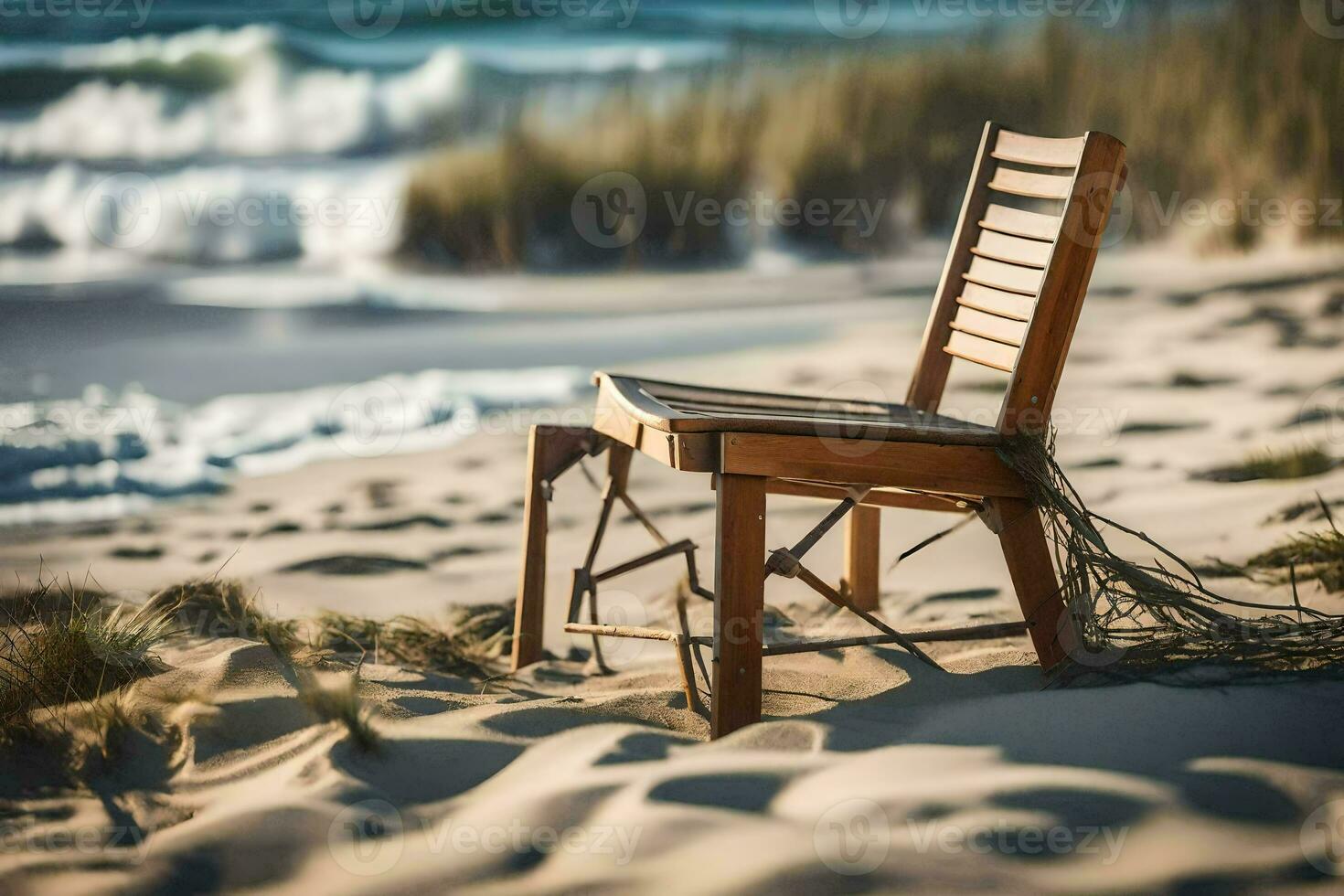 a wooden chair sits on the sand near the ocean. AI-Generated photo