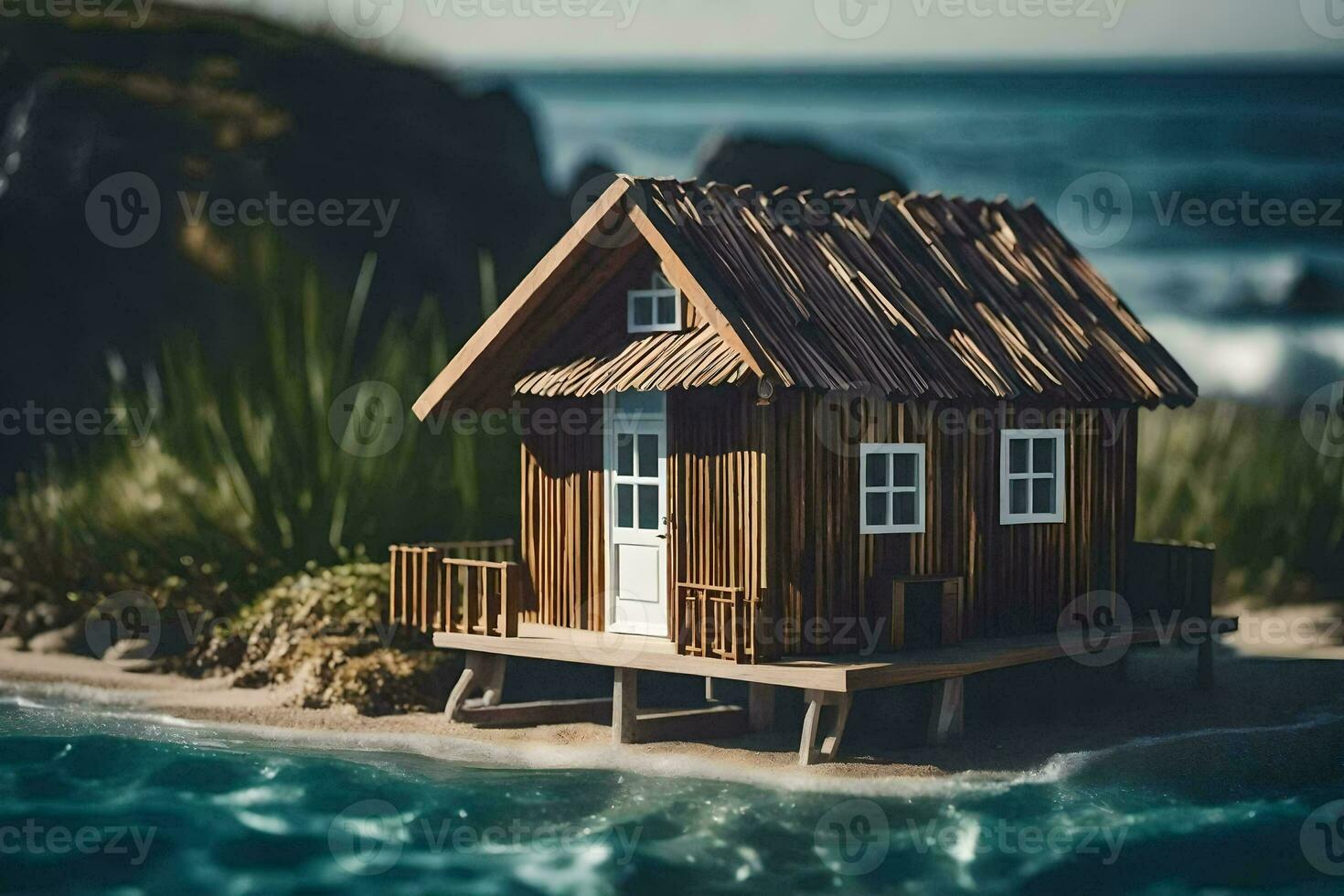 a miniature wooden house on a small island. AI-Generated photo