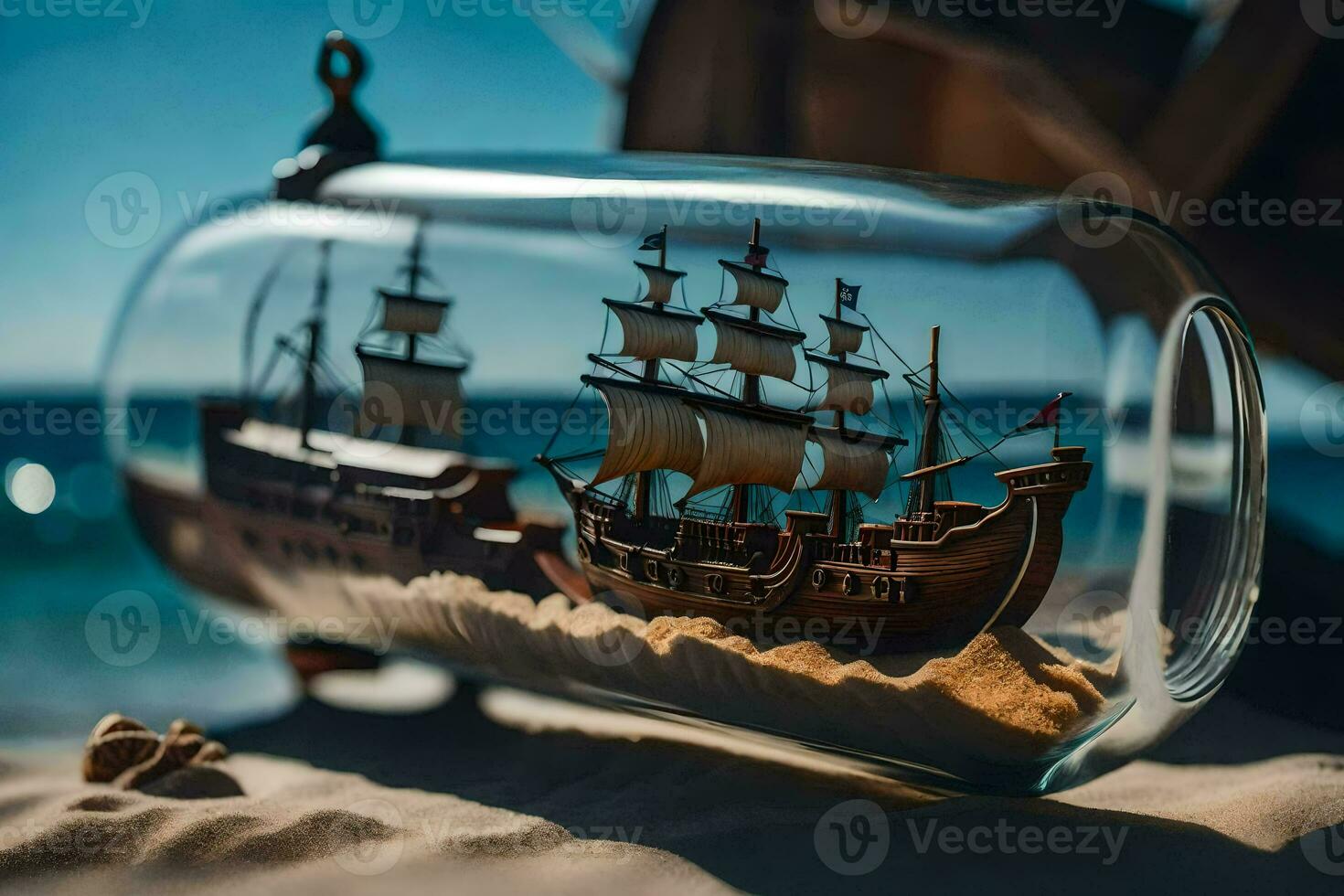 ship in a bottle, sand, beach, ocean, ship, ship in a bottle, sand. AI-Generated photo