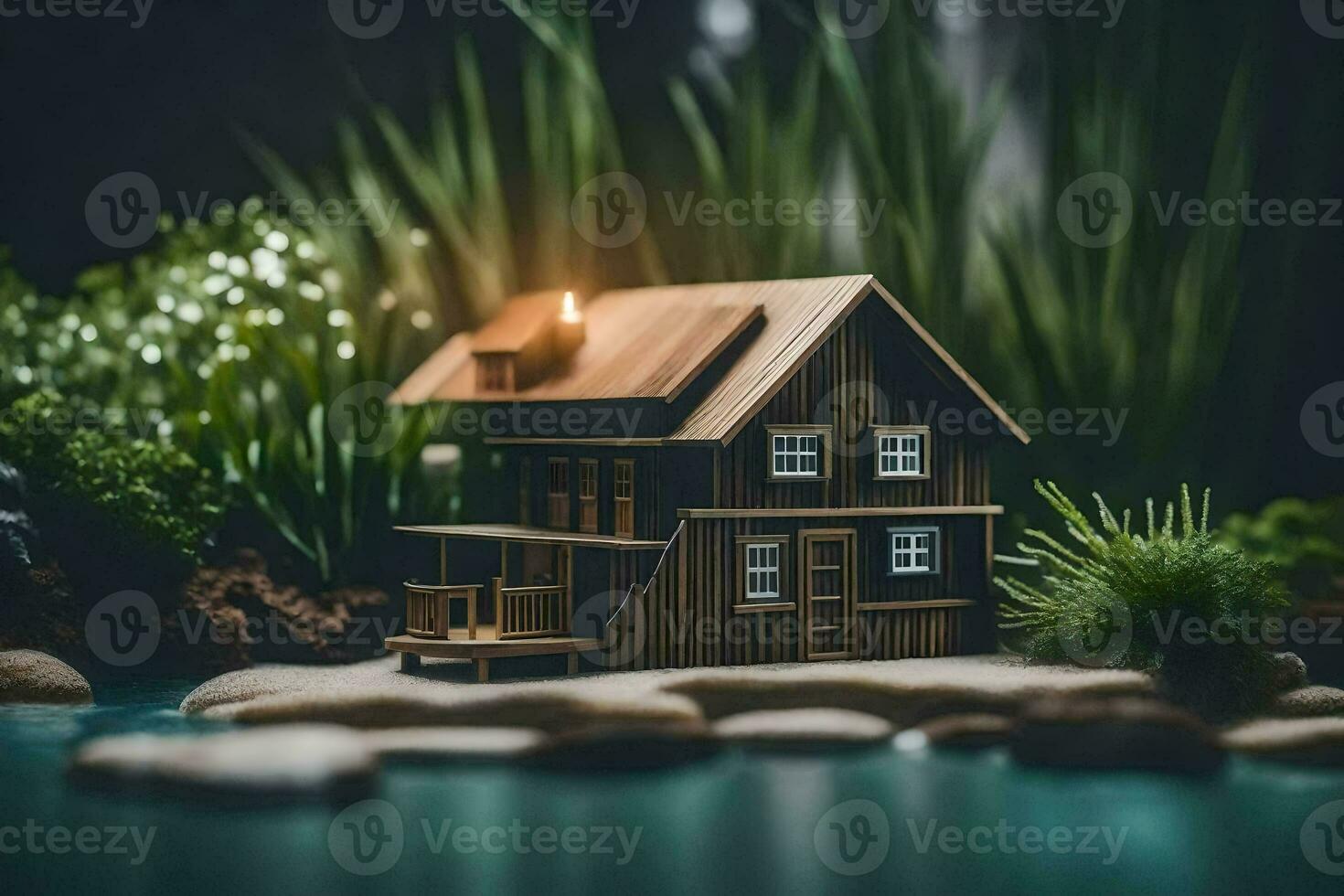 a miniature house is sitting on a rock by a river. AI-Generated photo
