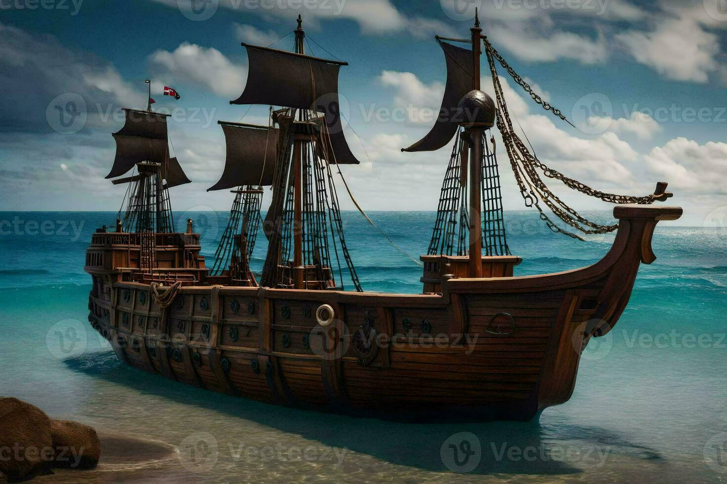 a model pirate ship is sitting on the beach. AI-Generated photo