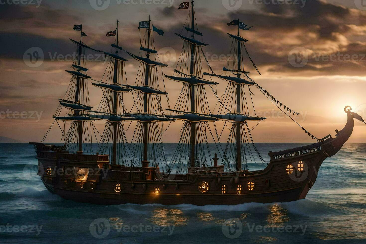 a pirate ship is sailing in the ocean at sunset. AI-Generated photo