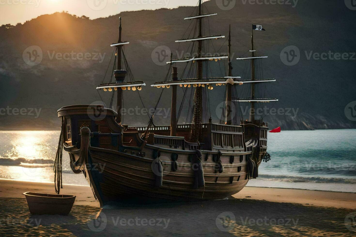 un pirata Embarcacion en el playa a puesta de sol. generado por ai foto