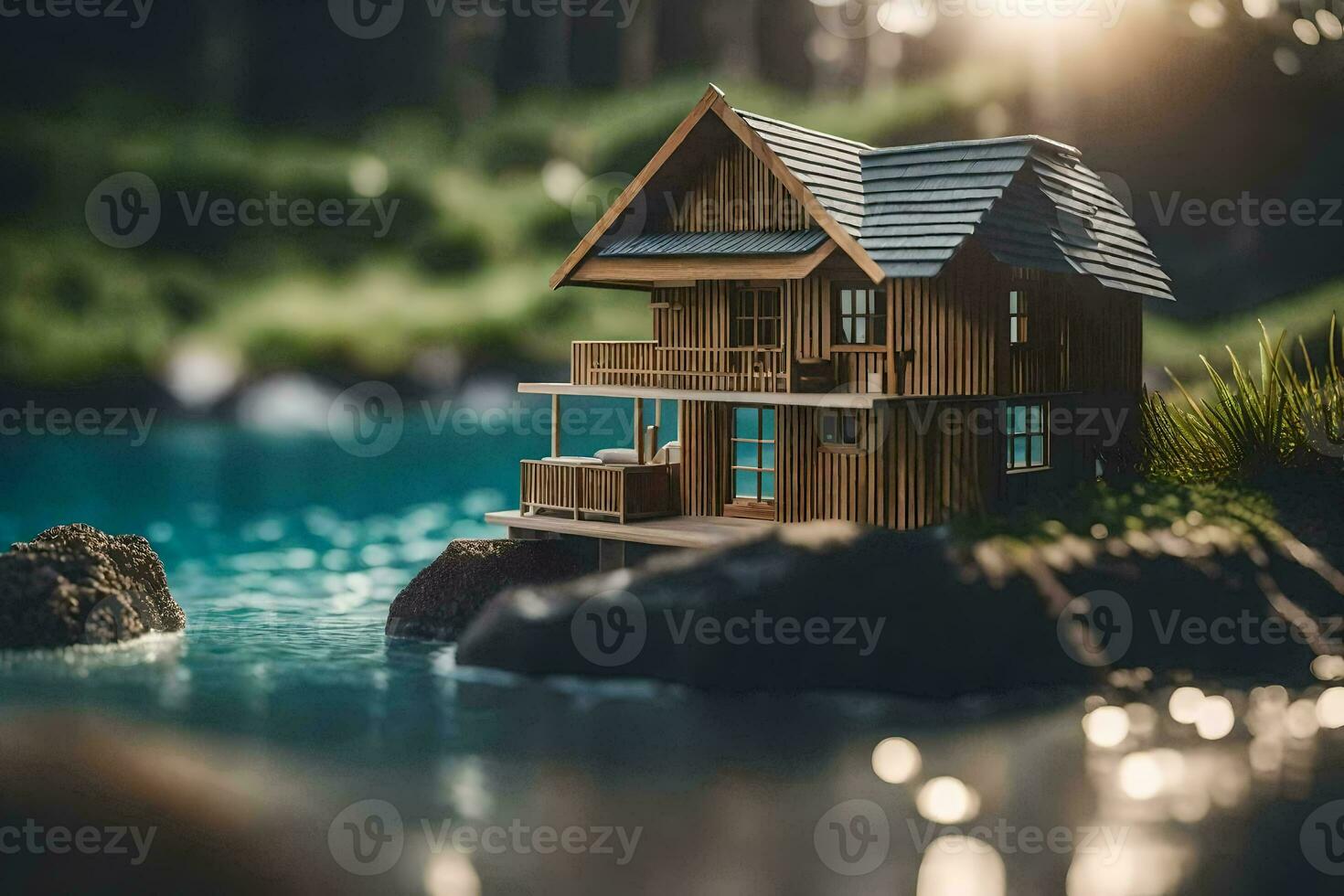 a miniature house on a rock by the water. AI-Generated photo