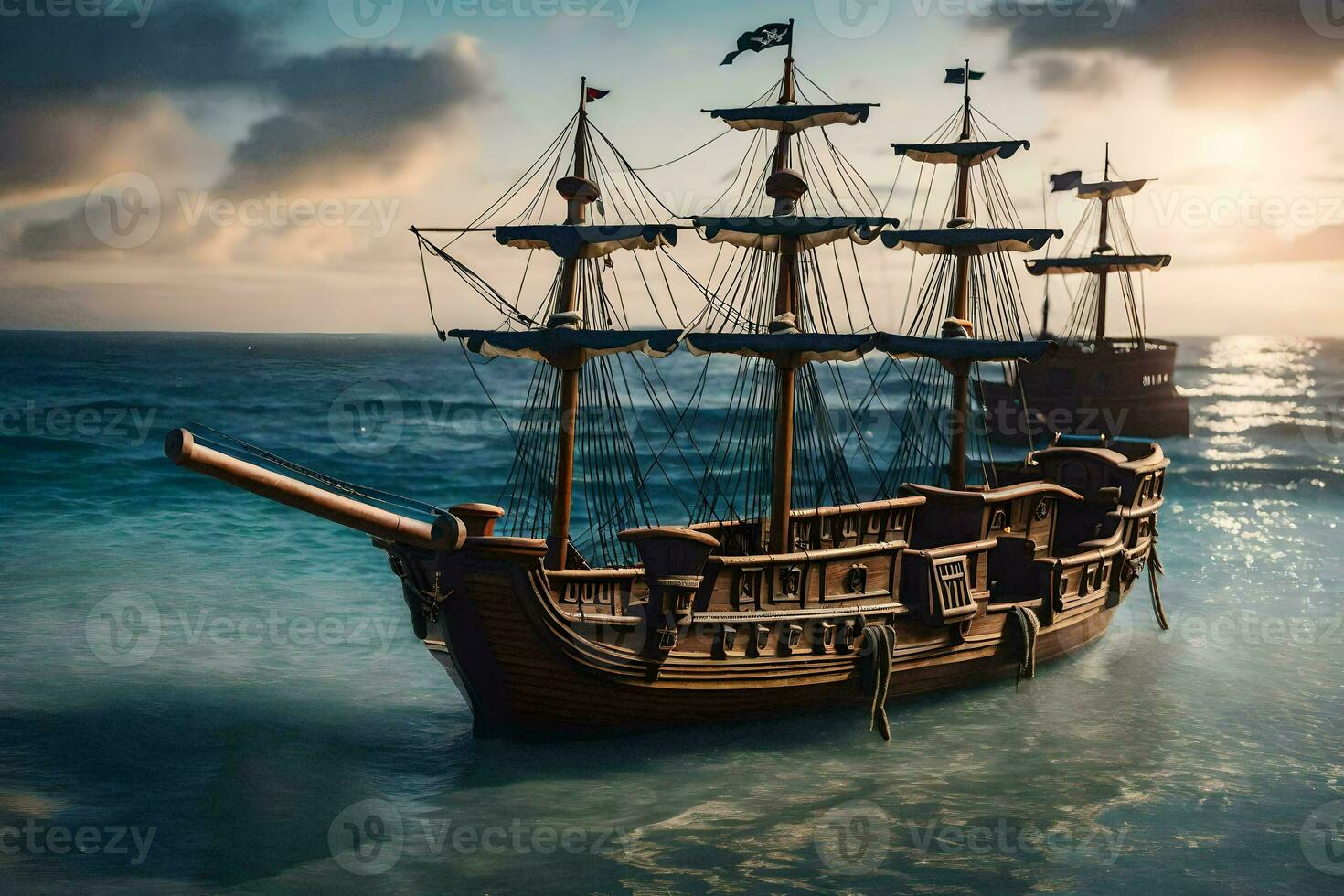 a pirate ship in the ocean with a sun in the background. AI-Generated photo