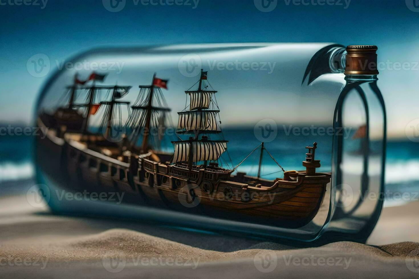 ship in a bottle on the beach. AI-Generated photo