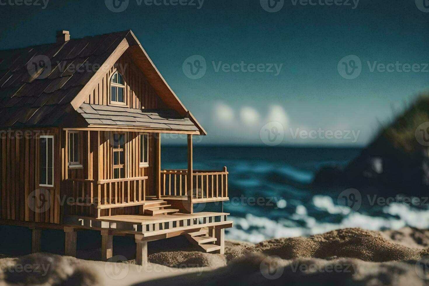 a miniature wooden house on the beach. AI-Generated photo