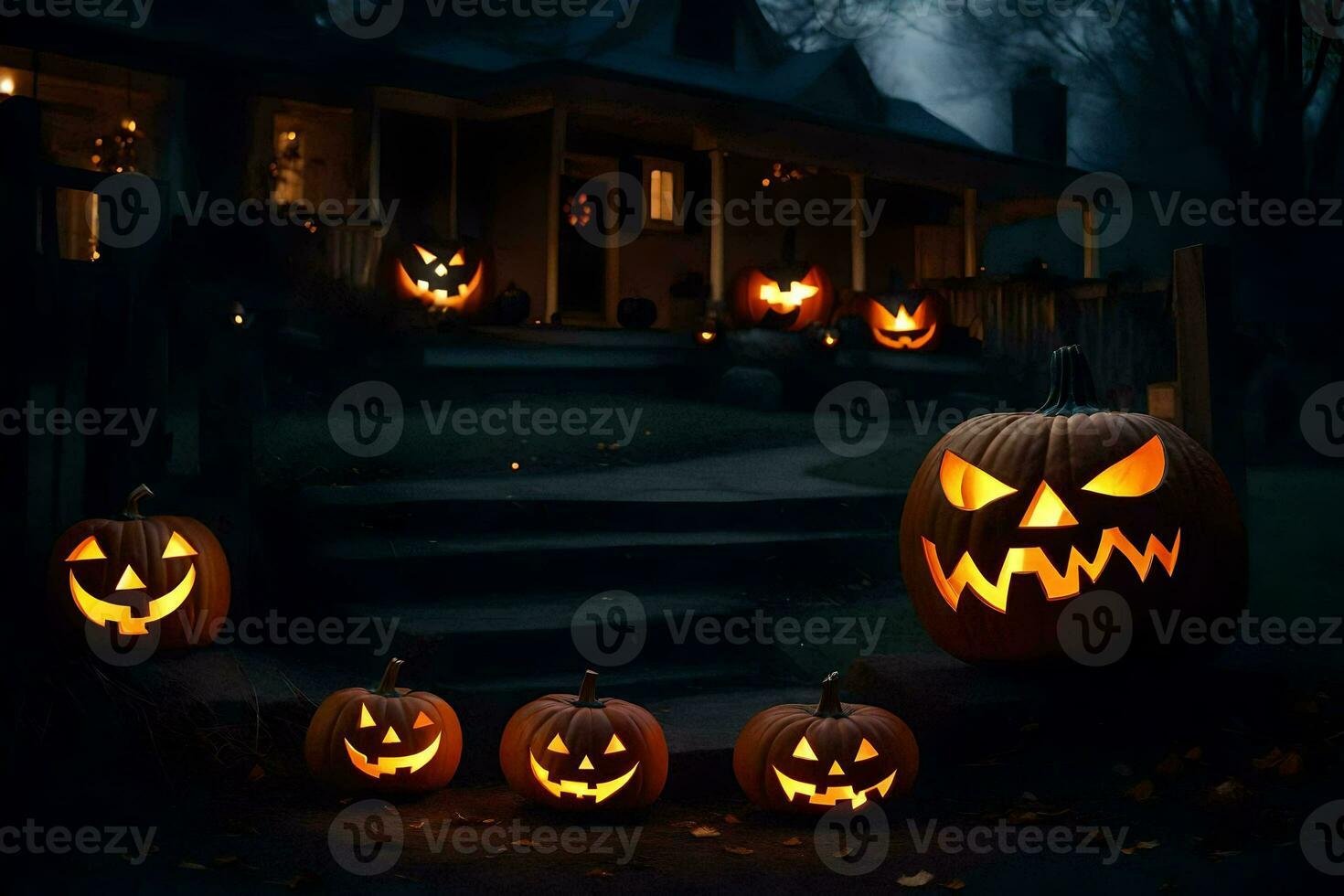 halloween pumpkins in front of a house at night. AI-Generated photo