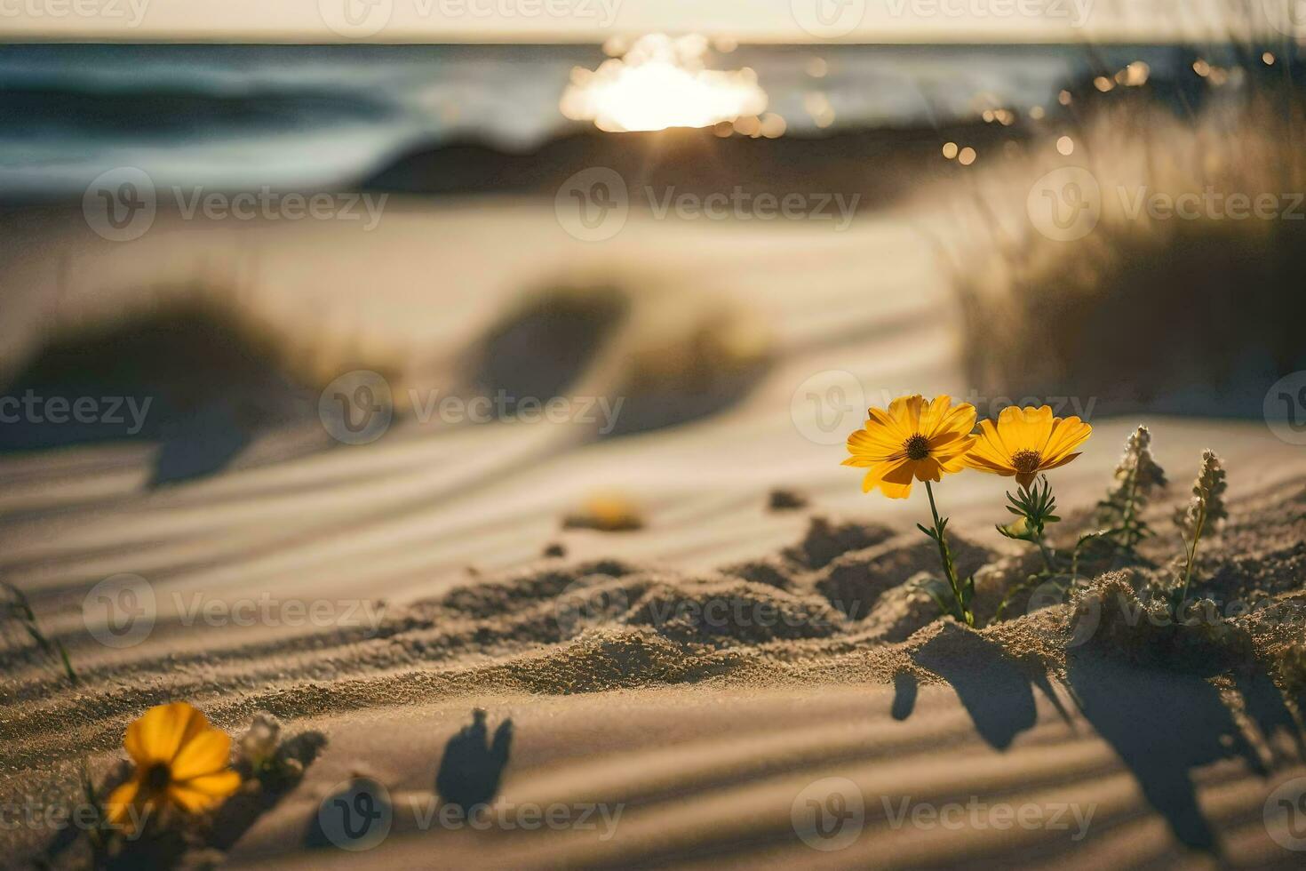 flowers on the beach at sunset. AI-Generated photo