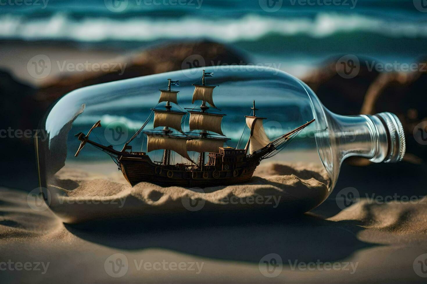 a ship in a bottle on the beach. AI-Generated photo