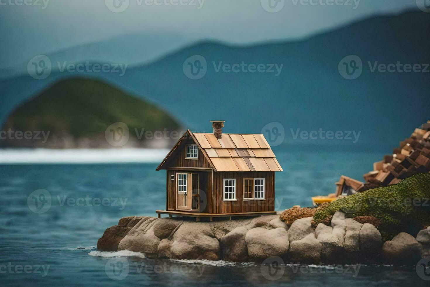 a tiny house on a rock by the ocean. AI-Generated photo