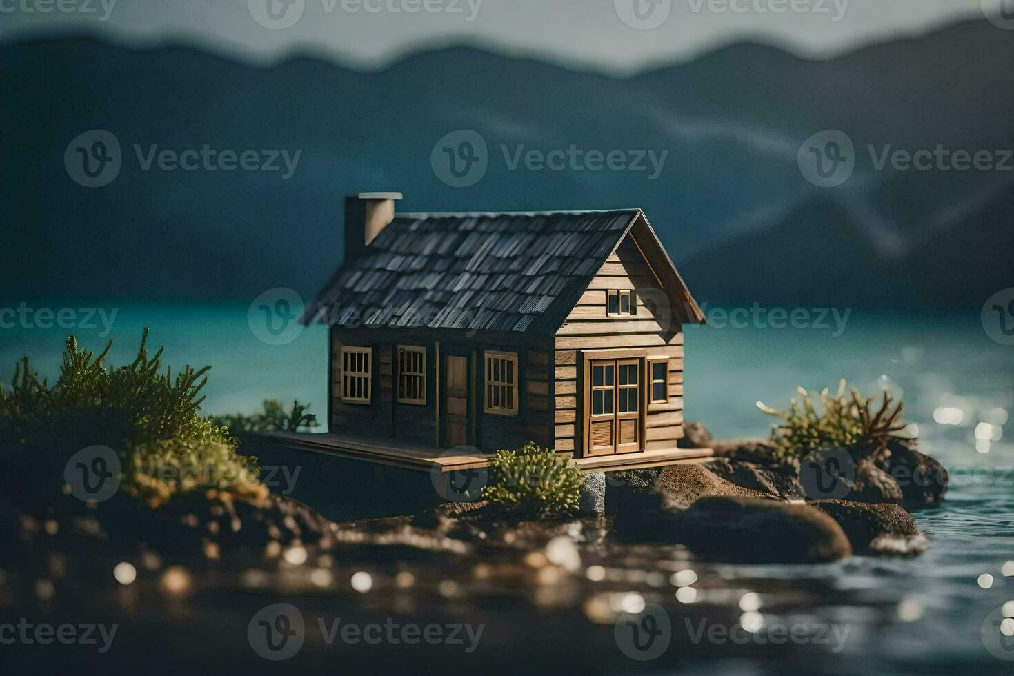 a miniature house on a rock in the water. AI-Generated photo