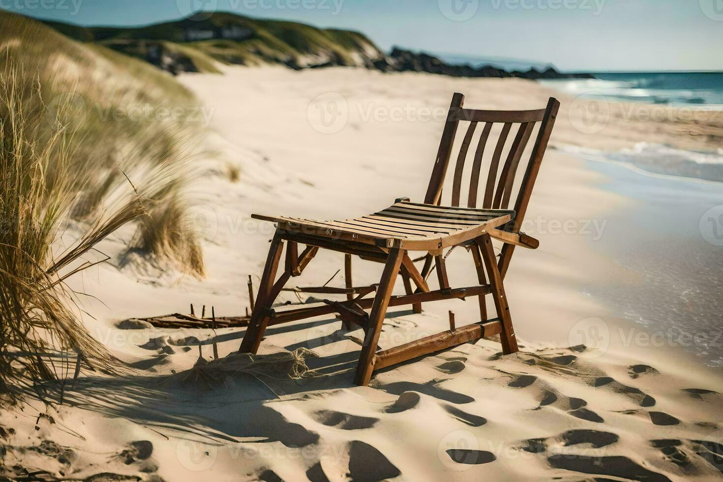 a wooden chair sits on the beach near the ocean. AI-Generated photo