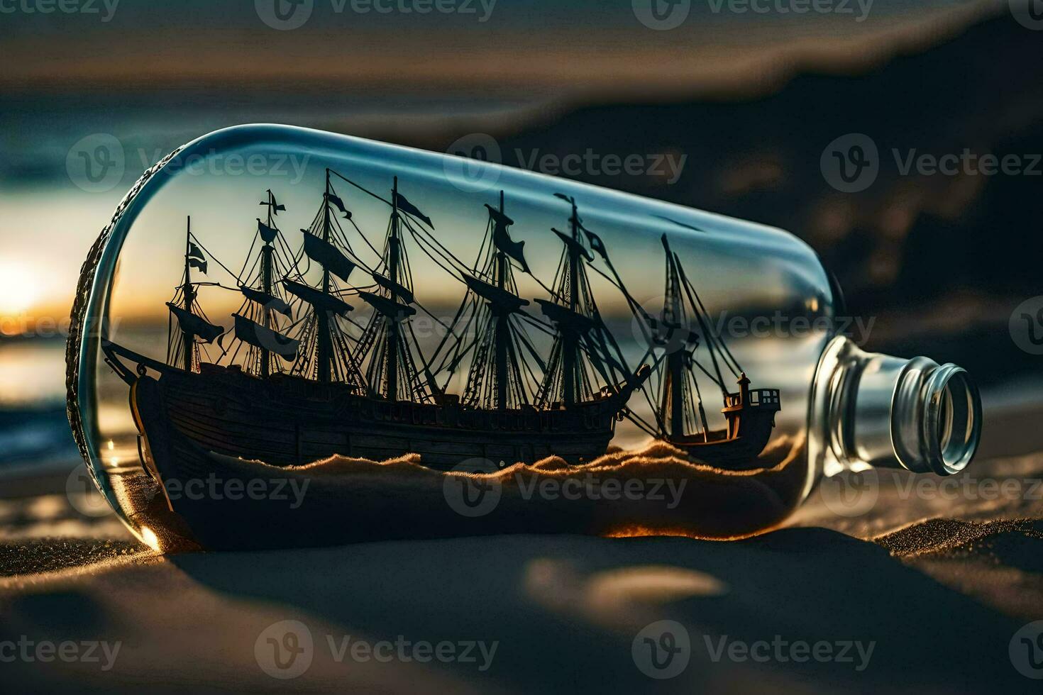 ship in a bottle on sand. AI-Generated photo