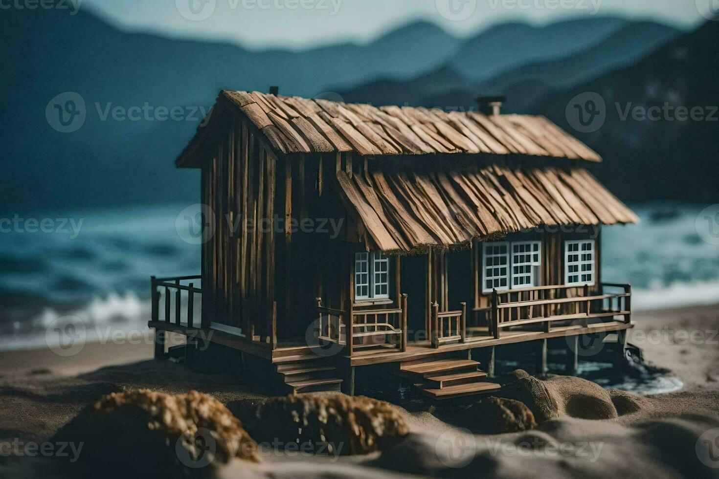 a miniature wooden house on the beach. AI-Generated photo