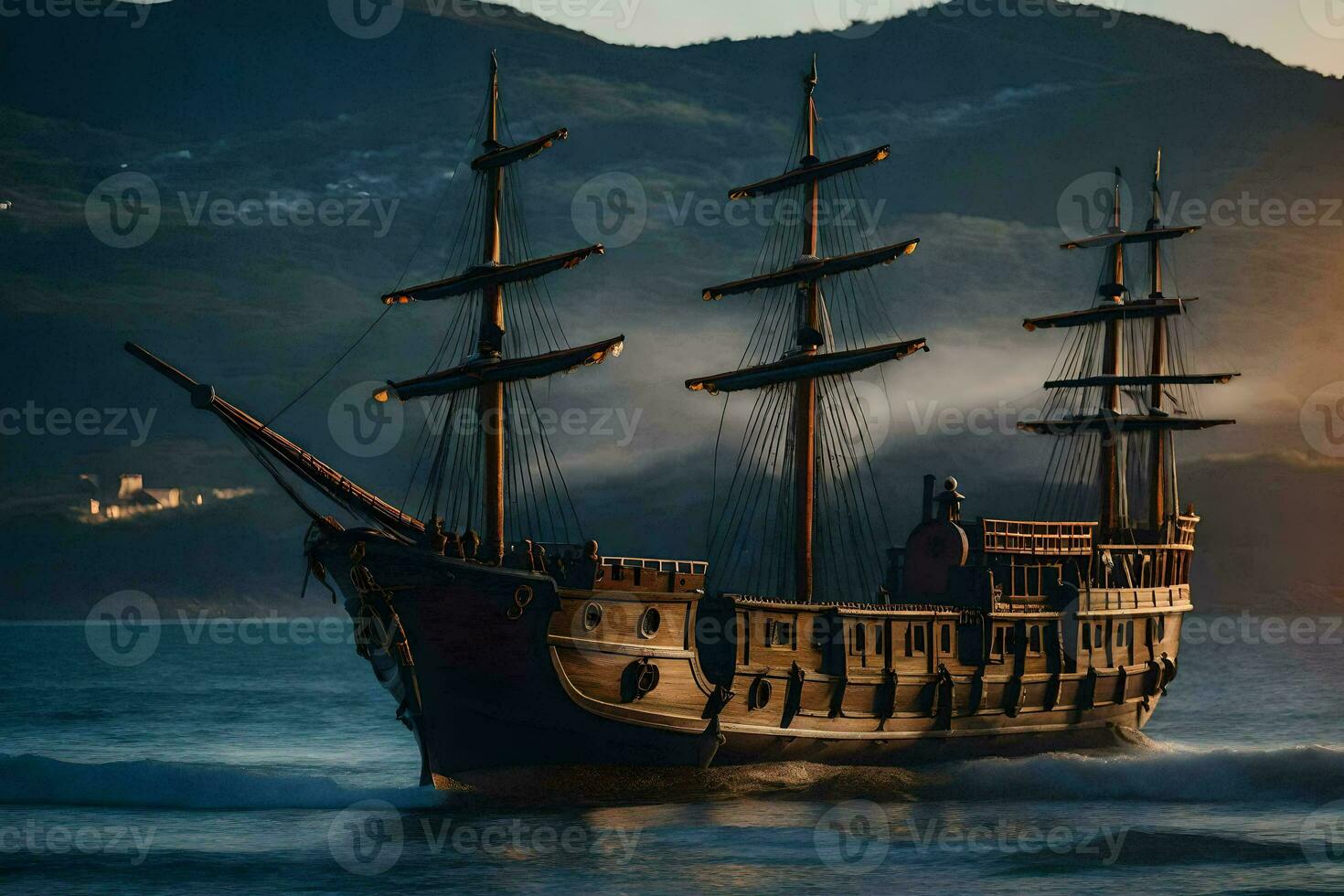 a pirate ship in the ocean at sunset. AI-Generated photo