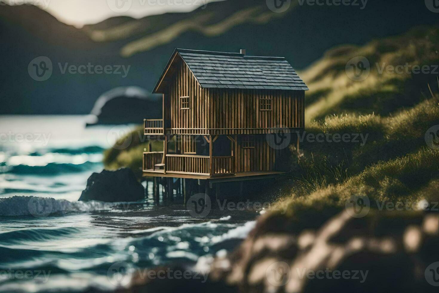 a tiny house on the beach by the ocean. AI-Generated photo