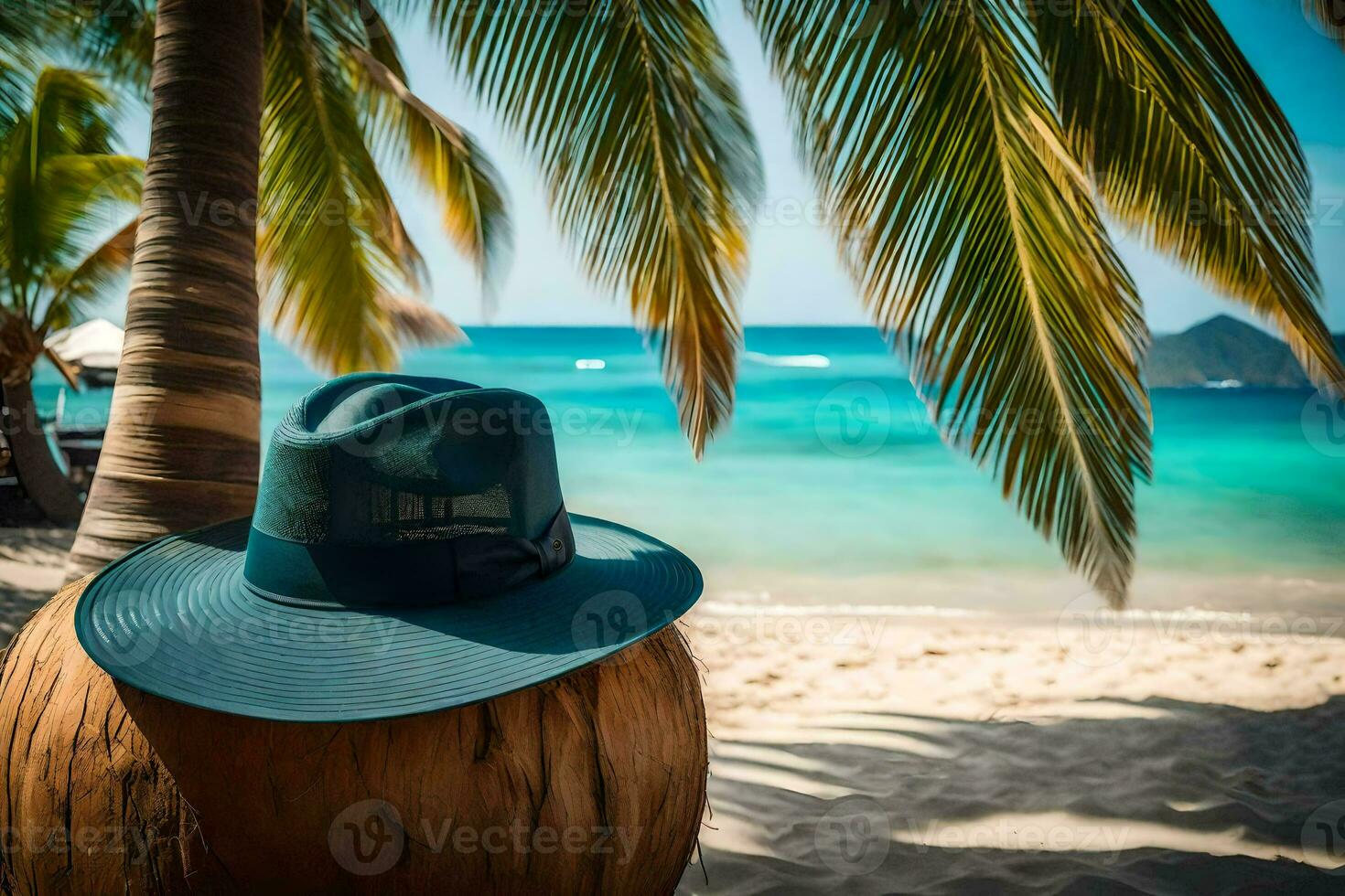 a hat sits on a coconut on the beach. AI-Generated photo