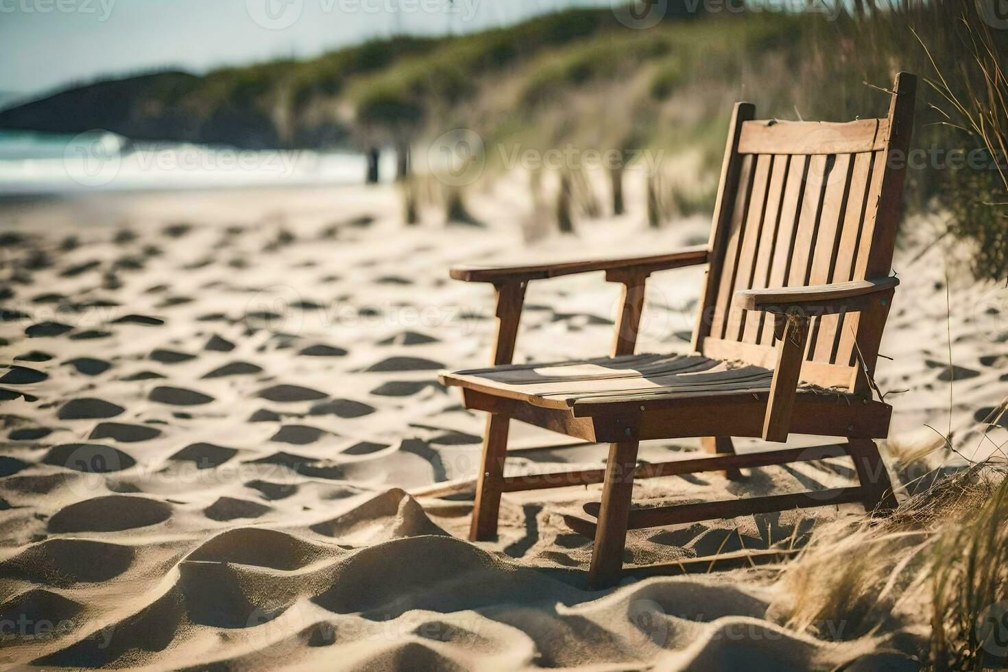 a wooden chair sits on the beach near the ocean. AI-Generated photo