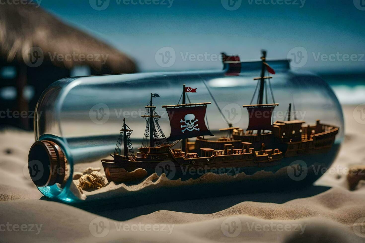 a ship in a bottle on the beach. AI-Generated photo