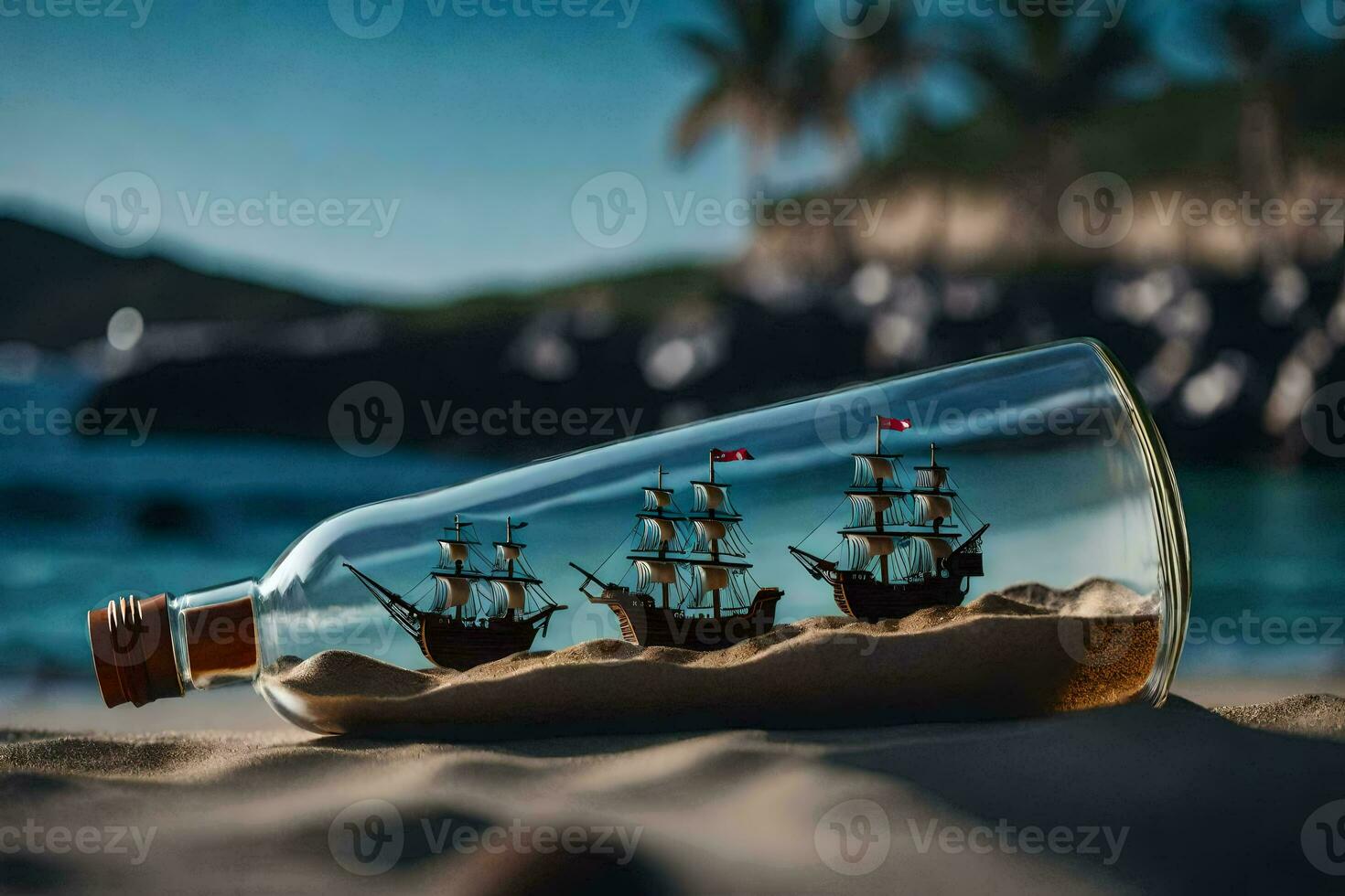 ship in a bottle on the beach. AI-Generated photo