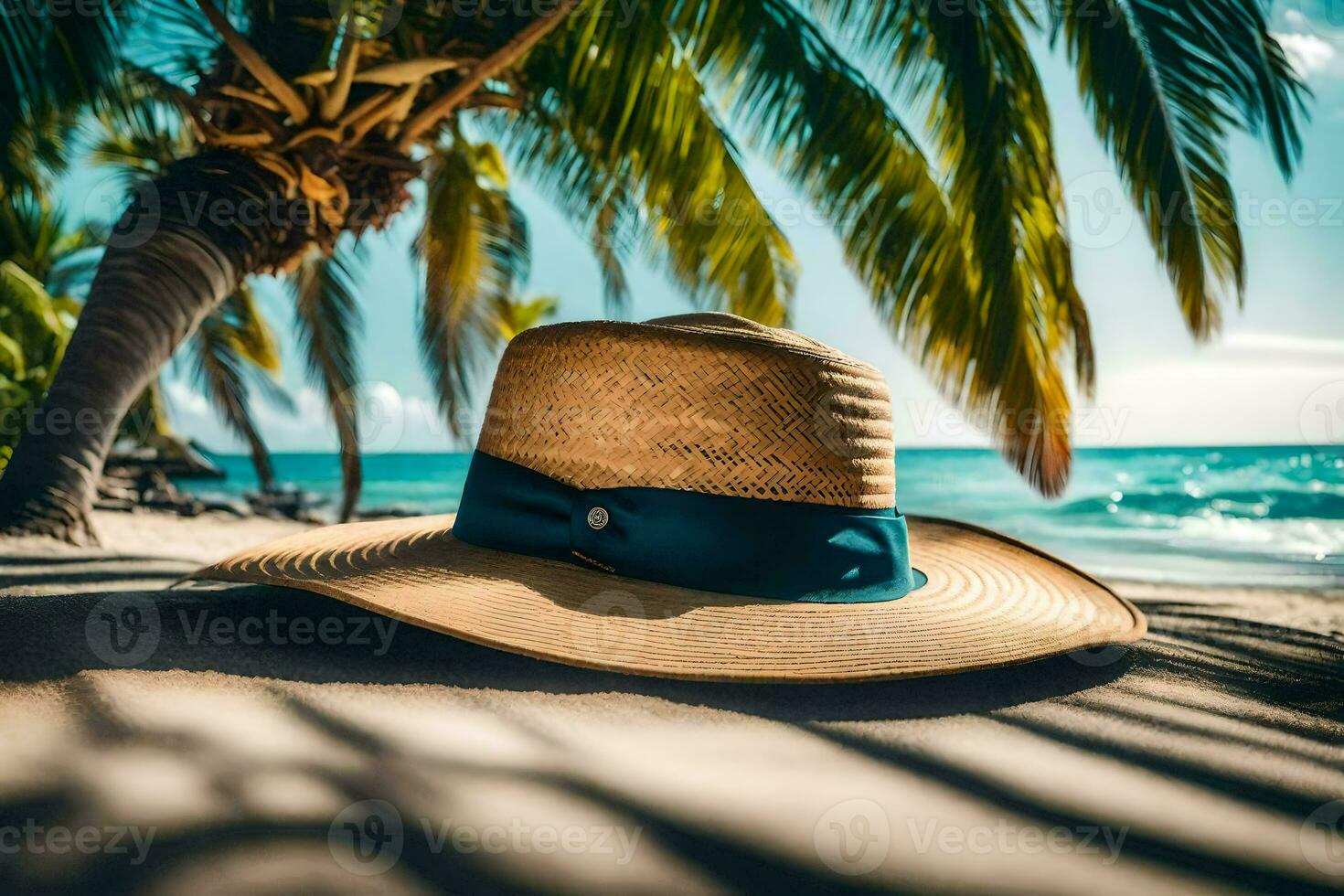 a hat on the beach with palm trees. AI-Generated photo