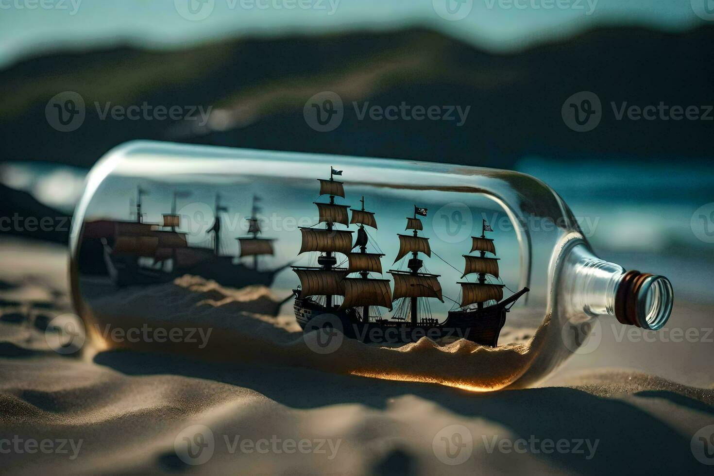 a bottle with a ship in it on the beach. AI-Generated photo