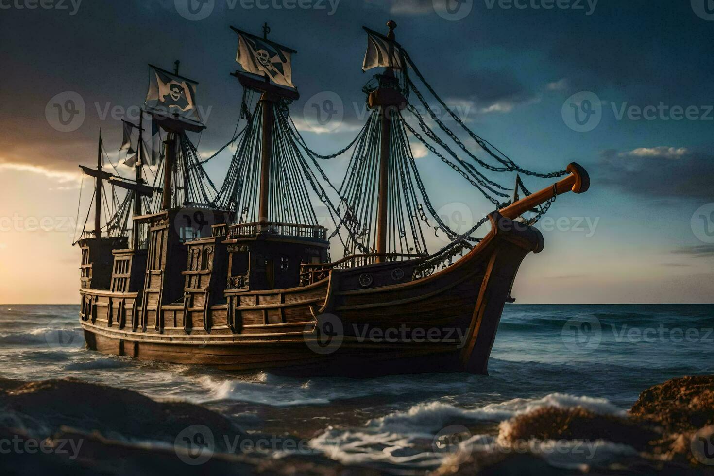 a pirate ship in the ocean at sunset. AI-Generated photo