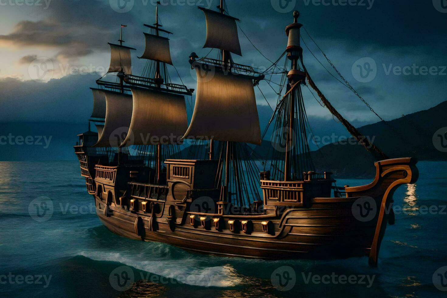 a pirate ship in the ocean at dusk. AI-Generated photo