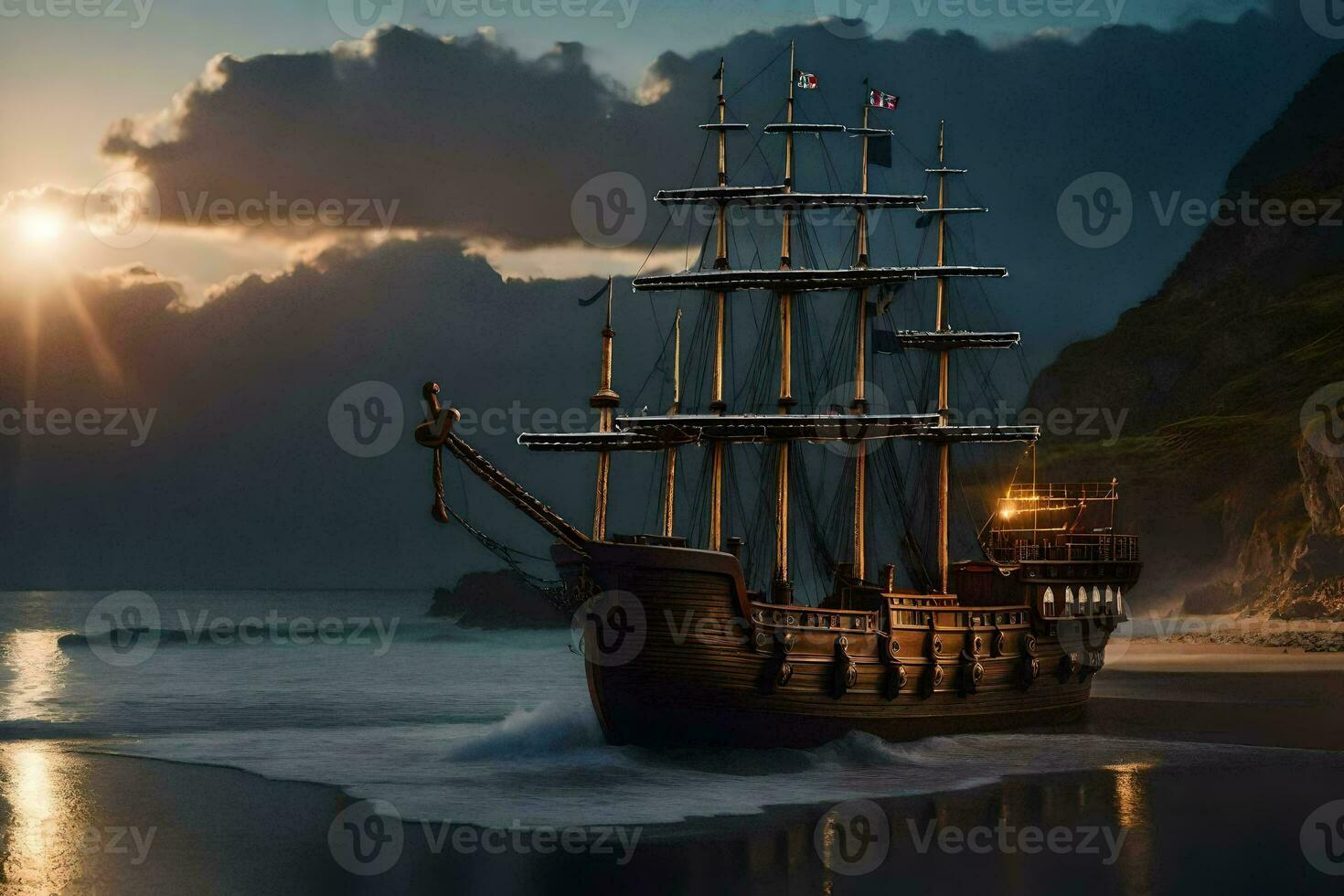 a pirate ship is sailing on the ocean at sunset. AI-Generated photo