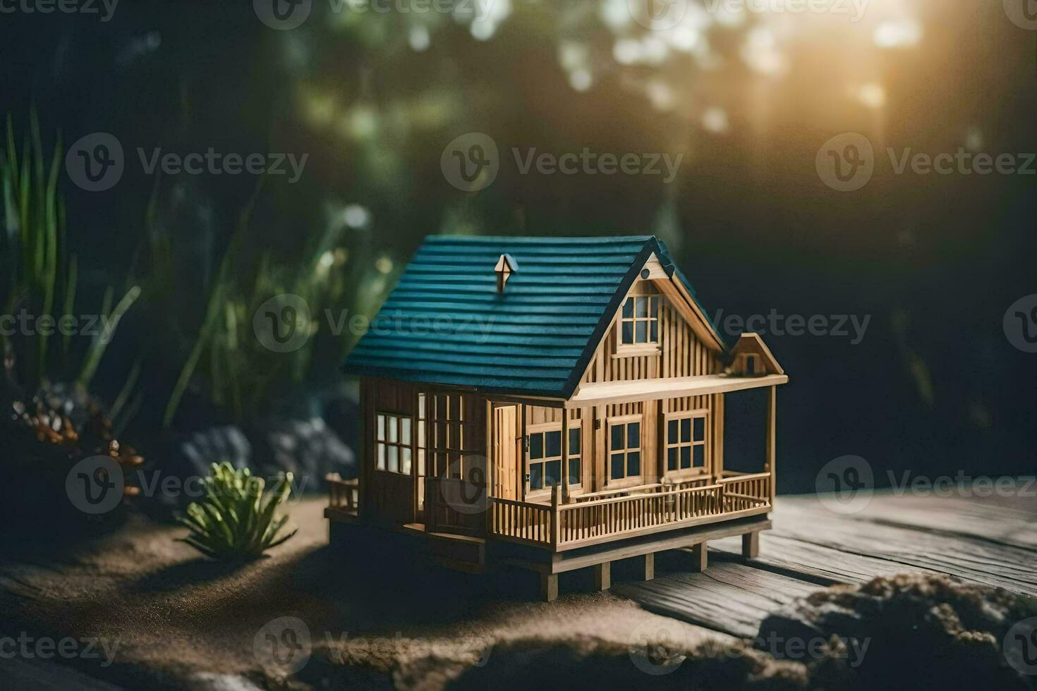 a miniature house on a wooden deck. AI-Generated photo