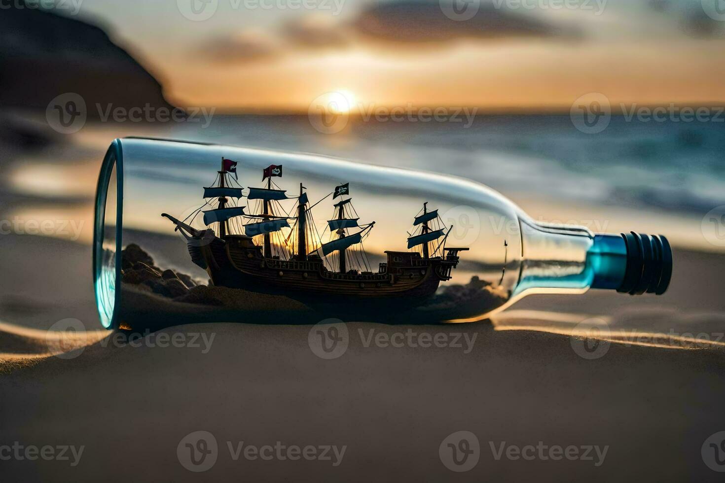 a ship in a bottle on the beach. AI-Generated photo