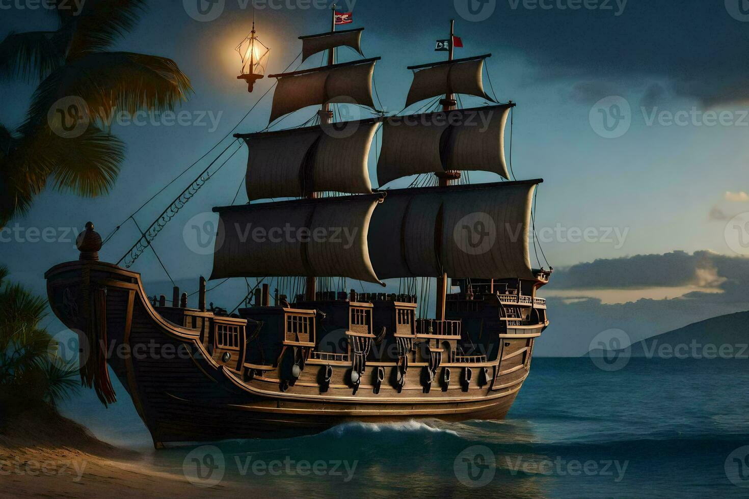 a pirate ship is sailing on the ocean at night. AI-Generated photo