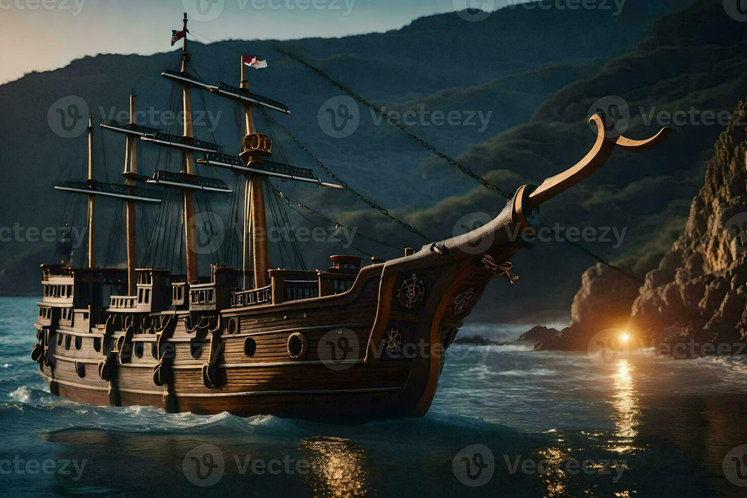 a pirate ship is sailing in the ocean. AI-Generated photo