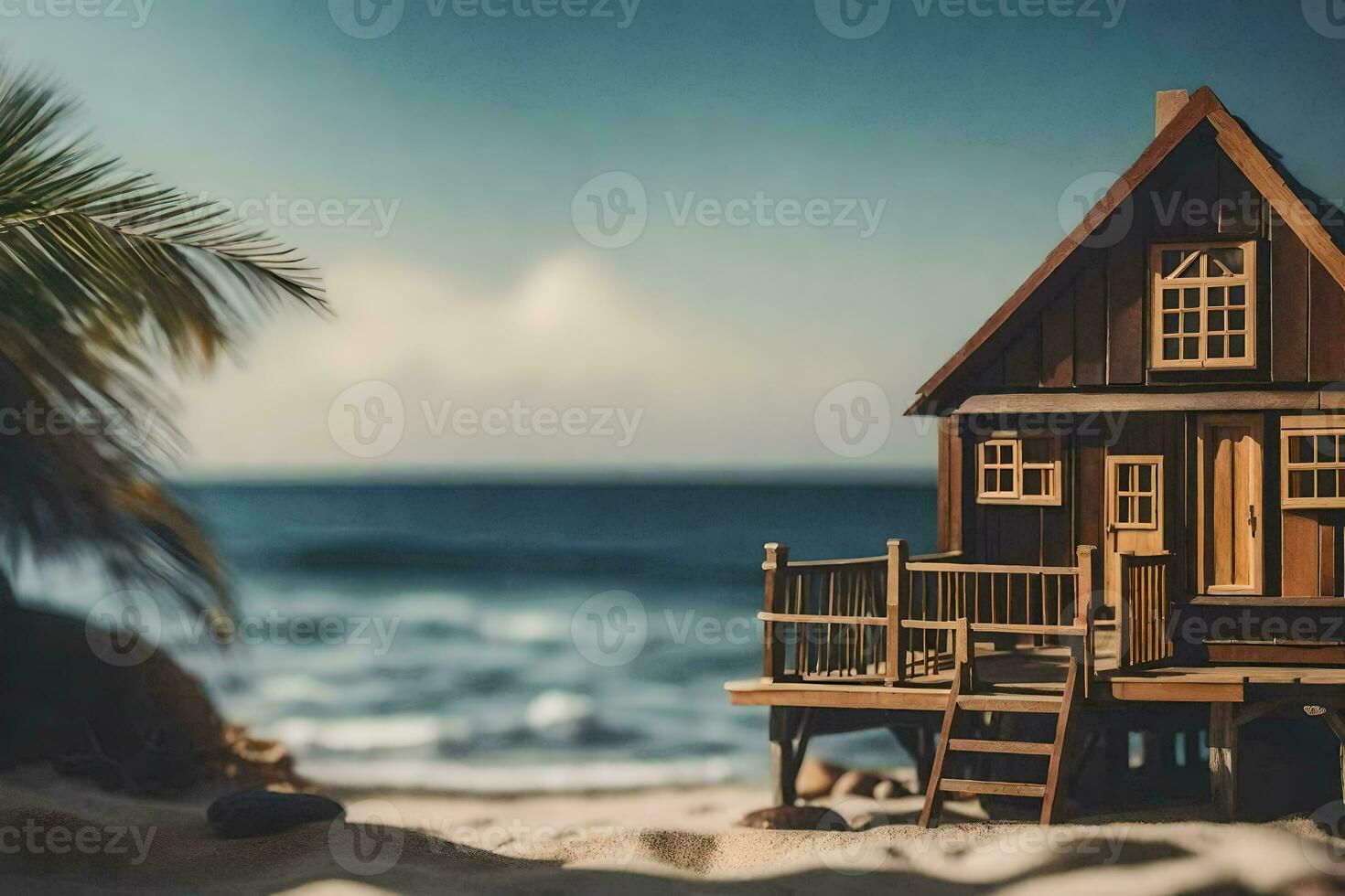 a miniature wooden house on the beach with palm trees. AI-Generated photo