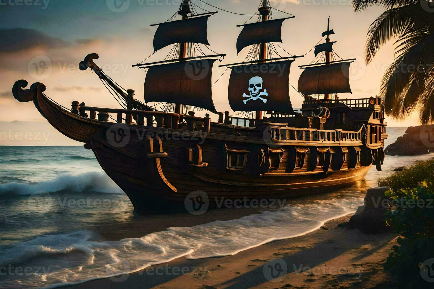 pirate ship on the beach at sunset. AI-Generated photo