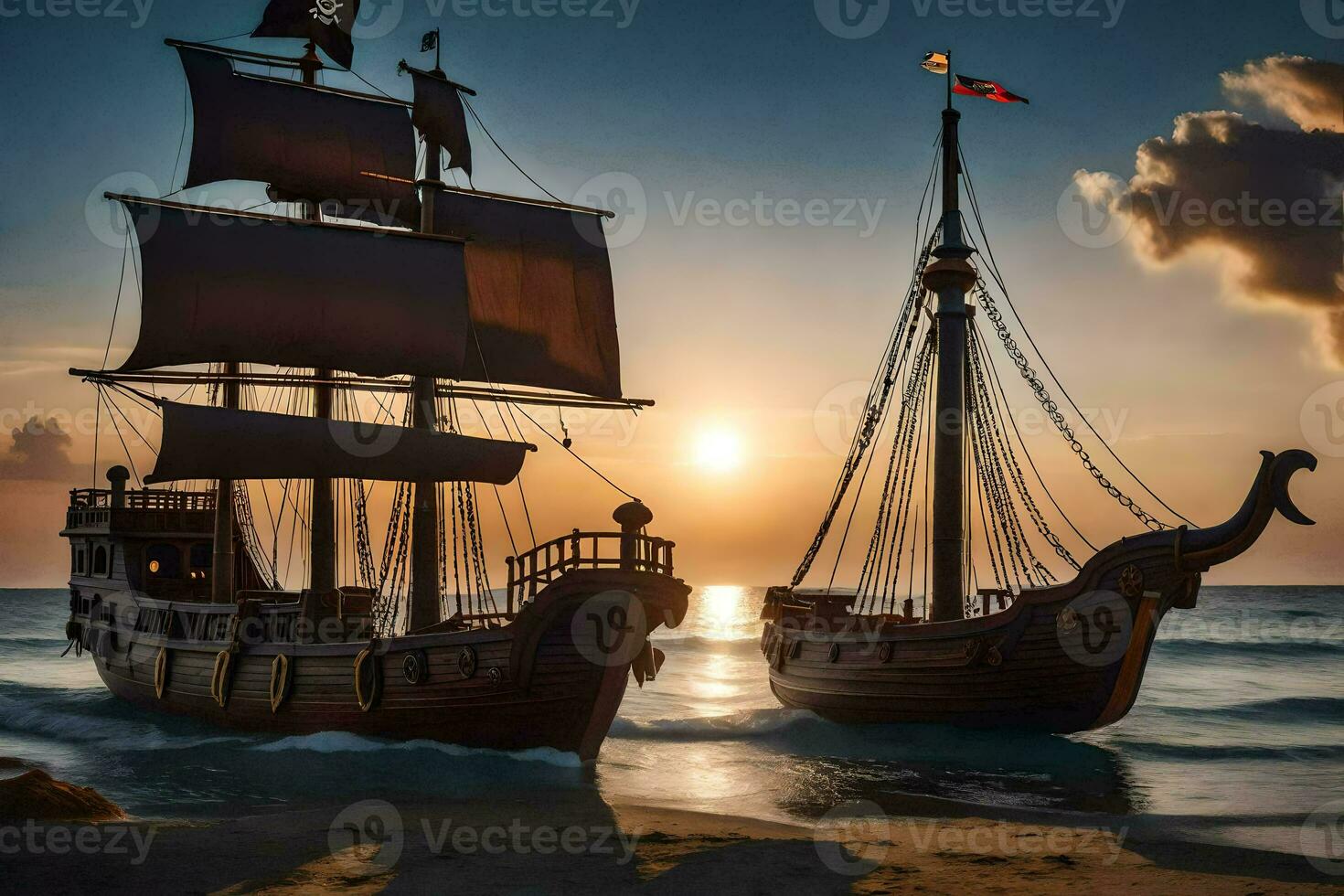 two pirate ships in the ocean at sunset. AI-Generated photo