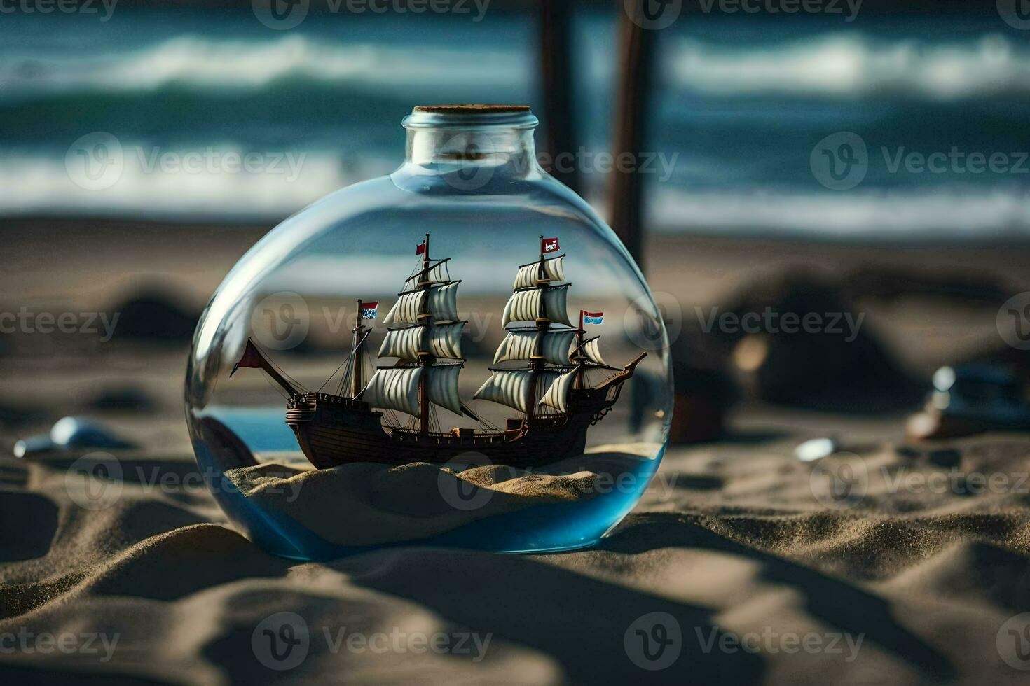 a small ship in a bottle on the beach. AI-Generated photo