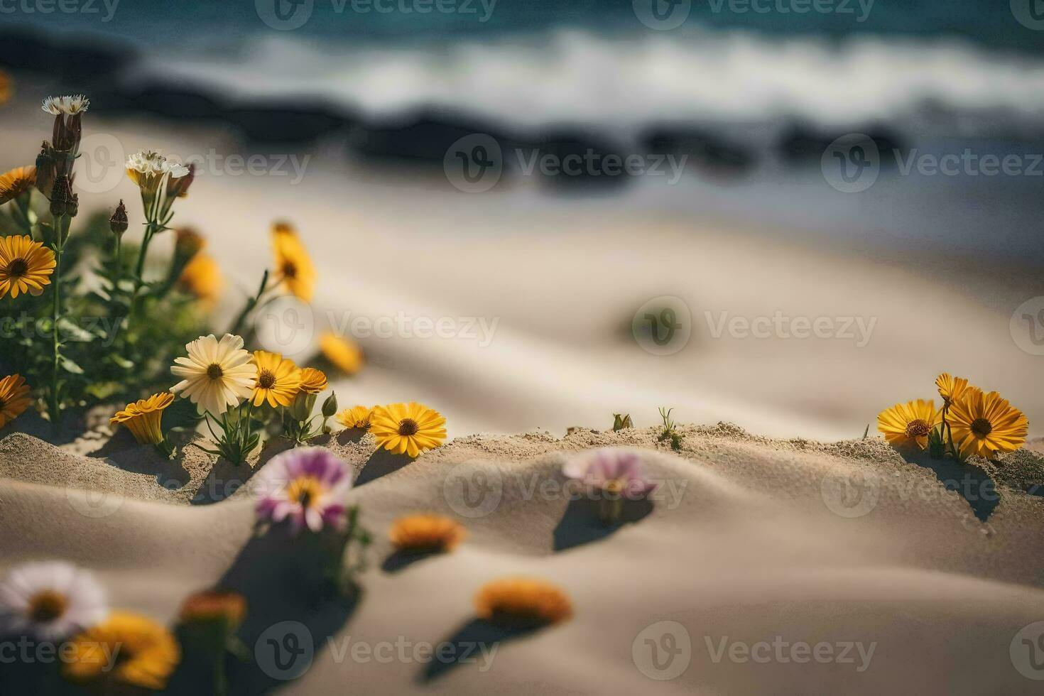flowers on the beach, sand, flowers, beach, flowers, sand, flowers, flowers. AI-Generated photo