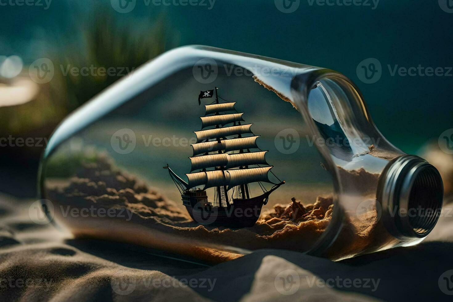 a ship in a bottle on the beach. AI-Generated photo