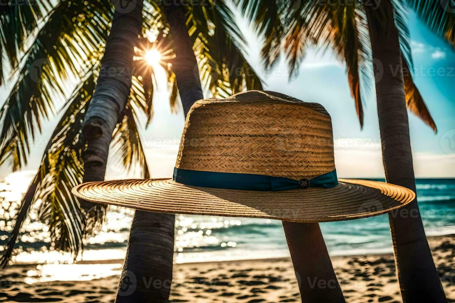 a hat sits on the beach near palm trees. AI-Generated photo